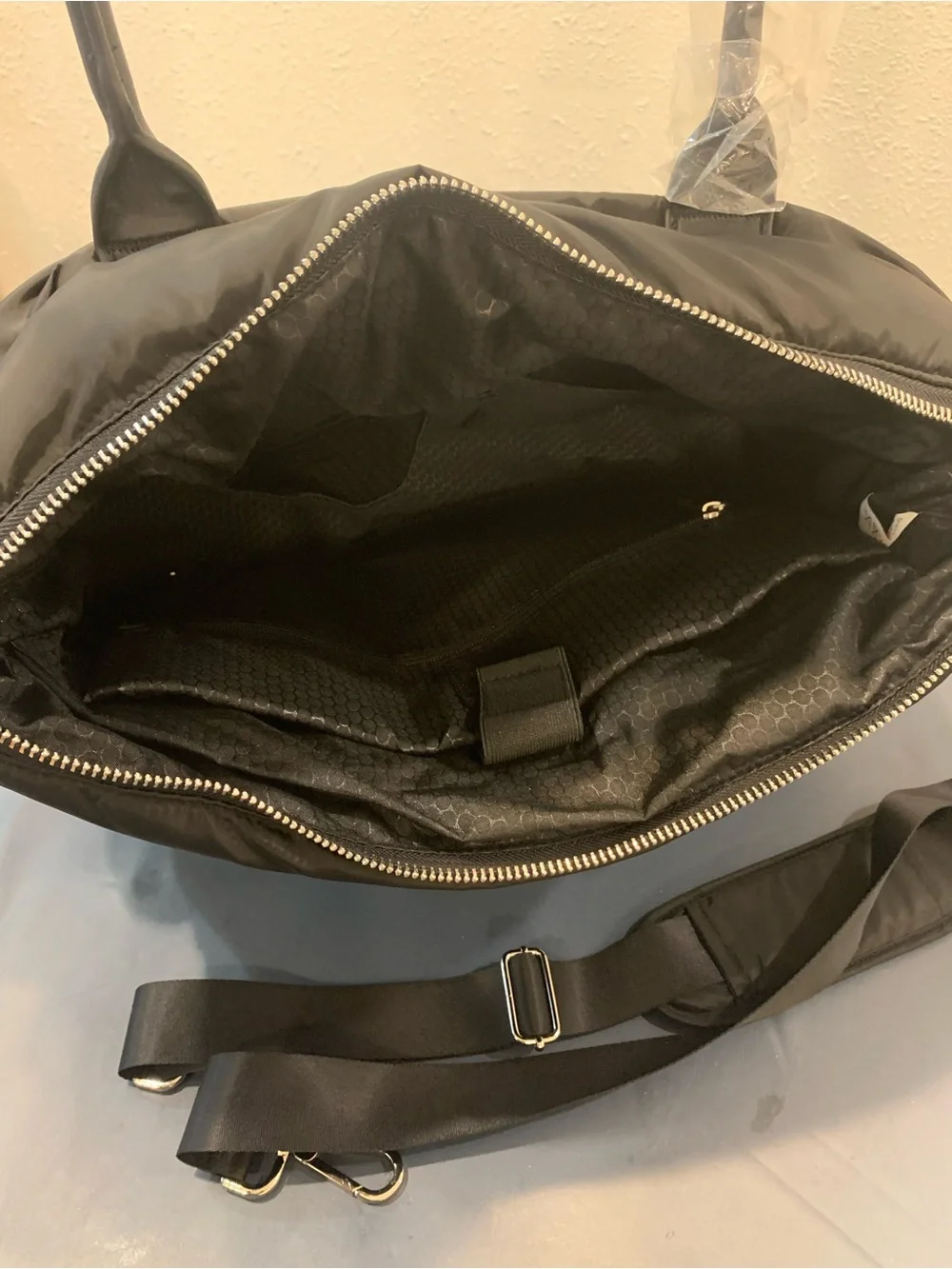 Black Quilted Tote Bag with Top Zip